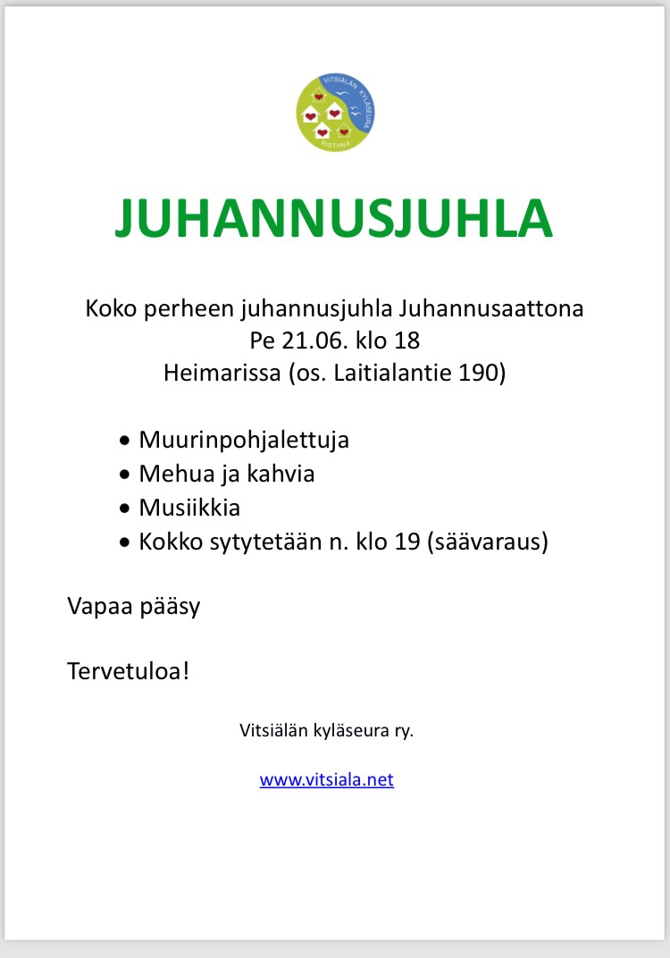 Juhannusaatto Heimarissa pe 21.6. Vitsiälän kyläseura